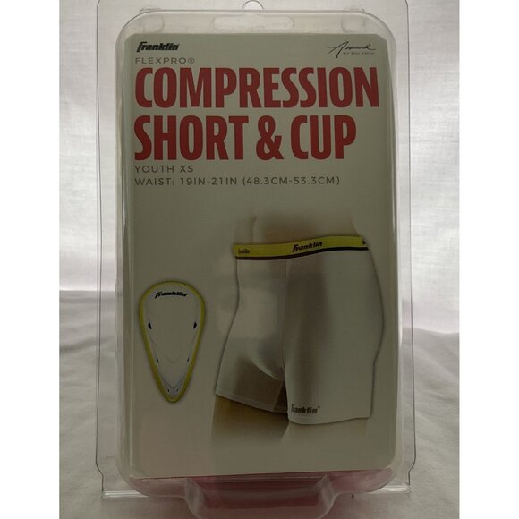 Franklin Sports Youth Compression Short with Cup, White/Neon XS  19”-21" Waist - Picture 3 of 11